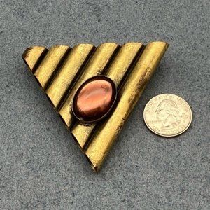 Brass Pin Brooch Tubes Triangle Red Oval Rhinestone 80s Retro MCM Vintage Granny
